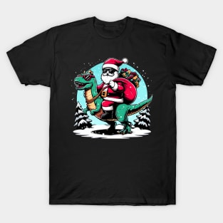 Funny Santa riding a Dinosaur with a bag of presents T-Shirt